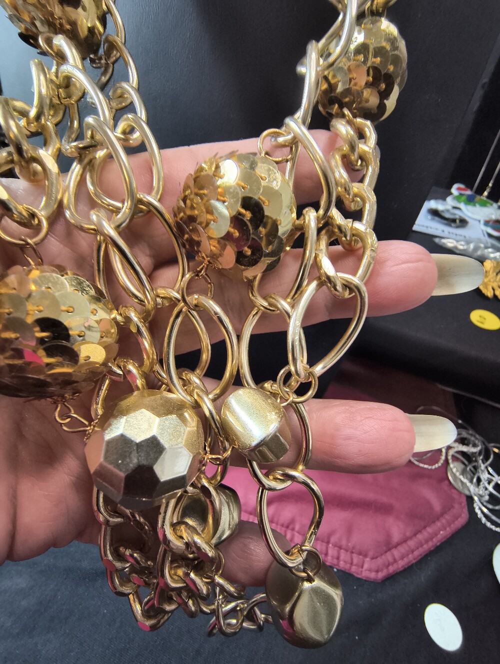 Vintage 1980s Gold Statement Necklace Triple Suede Cord Multi Strand Chunky - Picture 10 of 11